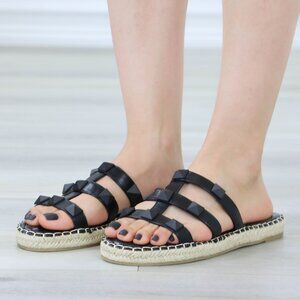 Black Studded Espadrille Sandals Pyramid Studs Woven Platform Slip Ons